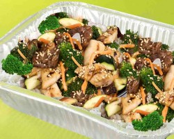 Combination Chicken, Beef, Pork & Veggie Rice Bowl Tray Combination Chicken, Beef, Pork & Veggie Rice Bowl Tray